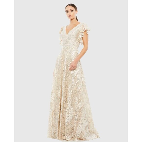 Mac Duggal Size 6 Ivory Nude Embellished Flutter Sleeve Lace A-Line Gown $798 - Picture 1 of 7